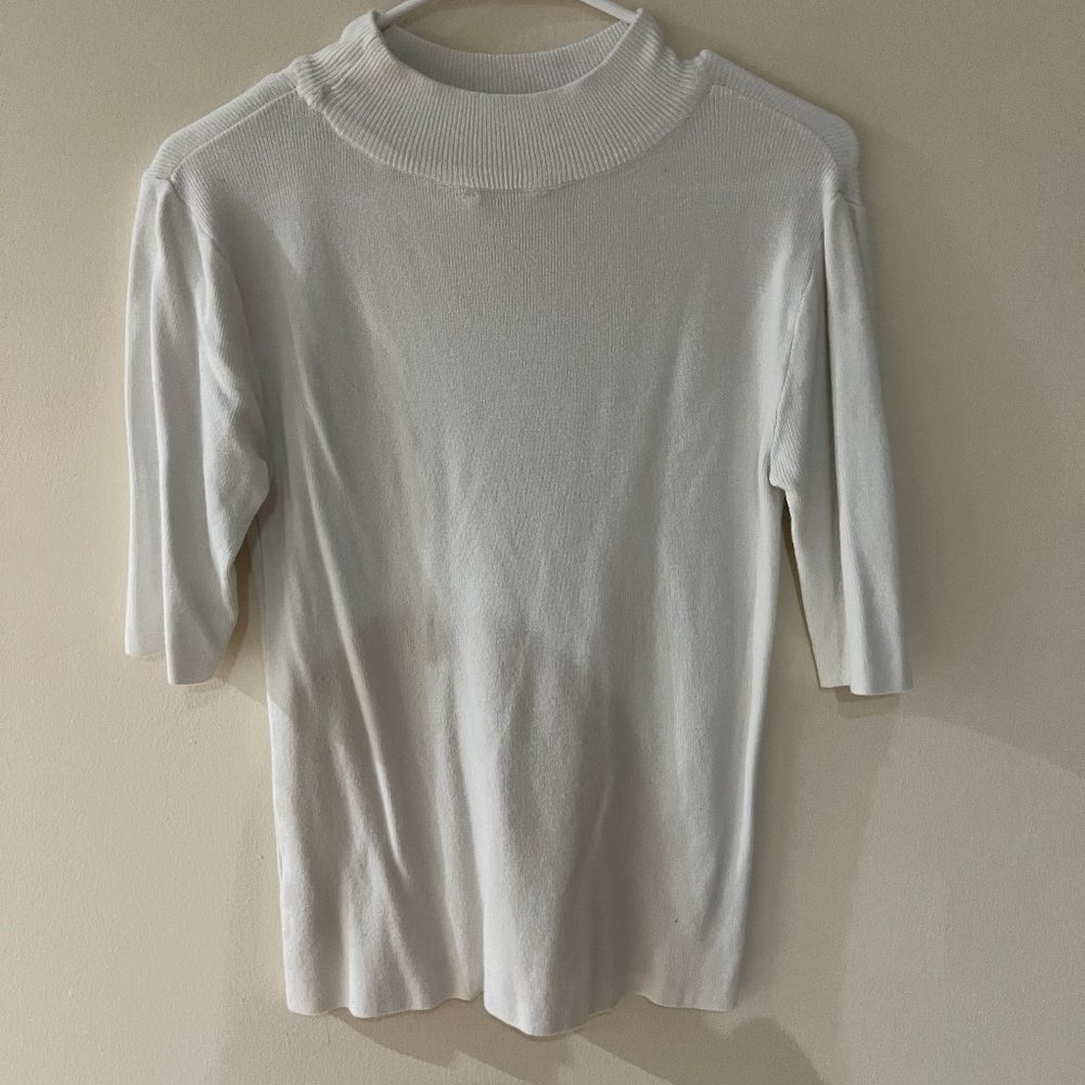 White ribbed short sleeve mock neck sweater